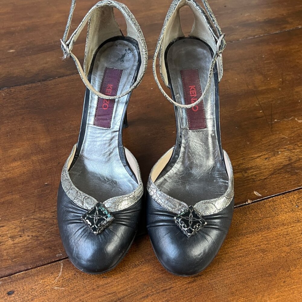 Kenzo Black Ankle Strap Heels Womens 6 Silver Trim Pump